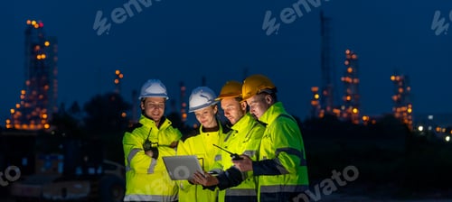 Preview: Group of petrochemical or gas workers or engineers use laptop to work in workplace at night.