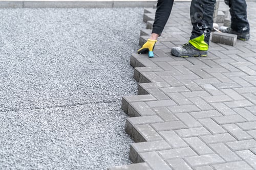 Preview: new sidewalk made of concrete interlocking paving blocks