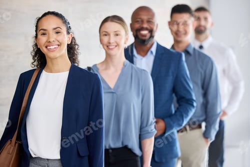 Preview: Shot of a group of businesspeople standing in a line at an office