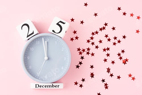 Preview: Christmas background with alarm clock and stars confetti on pink background