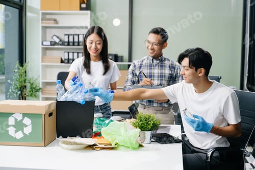 Preview: Eco-friendly teamwork with this office recycling scene. Perfect for showcasing sustainability,