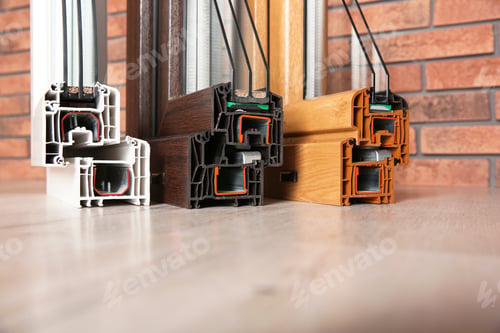 Preview: Samples of modern window profiles on floor against brick wall. Installation service