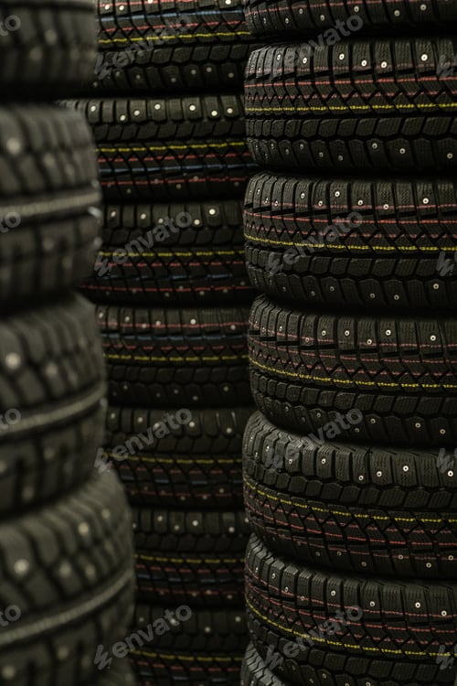 Preview: Sale of car tires for sale in the store. Many new winter tires lie