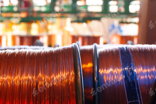 Preview: Copper wire reels in cable factory close up