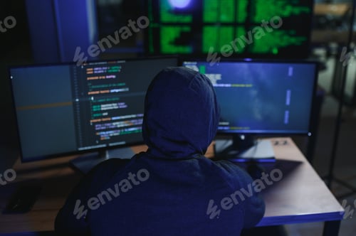 Preview: hacker sitting at desk in dark atmosphere. A computer programmer or hacker.