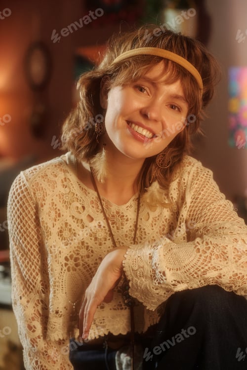 Preview: Smiling Woman Relaxing in Cozy Indoor Setting