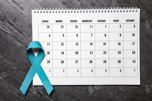 Preview: Flat lay composition with teal ribbon and calendar on grey background