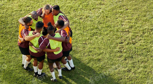 Preview: Soccer group, men and huddle for motivation, support and game strategy talk on sport field. Above,