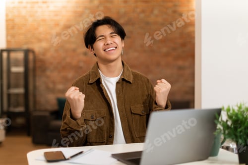 Preview: Joyful Asian Student Guy Near Laptop Gesturing Yes At Home