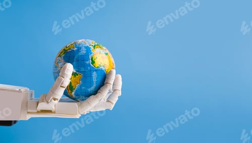 Preview: Robot holding Earth globe in hand, blue panorama background