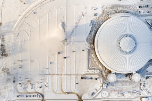 Preview: Top view in winter of a modern sports complex with parking in Minsk. Belarus