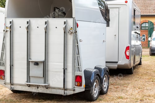 Preview: Horse box cargo trailer transport and horse transportation van at farm or ranch. Horsebox carriage