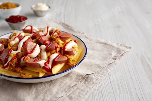 Preview: Homemade Salchipapa Fries with Ketchup, Mustard and Mayo on a Plate, low angle view. Copy space.