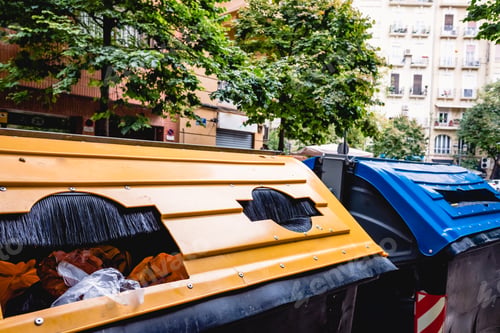 Vista previa: Large paper and plastic recycling bins in a central street.