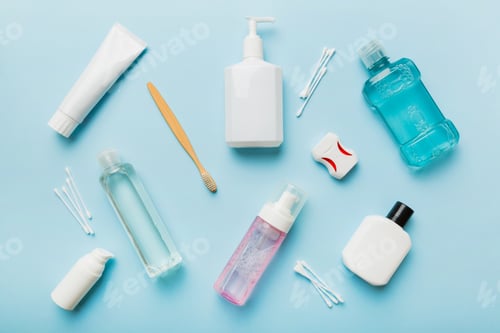 Preview: Mockup for bathing products top view flat lay, spa razor, toothpaste, soap,
