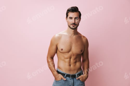 Preview: Man holiday lifestyle naked belt sexy jeans muscular body muscle fitness pink sport torso background