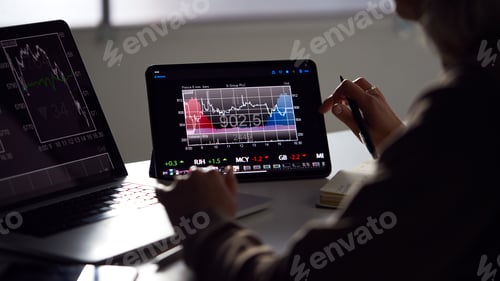 Preview: Close Up Of Female Share Trader At Desk With Stock Price Data Displayed On Laptop And Digital Tablet