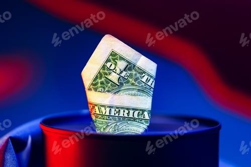 Preview: American Dollar Bill in Can with Blue and Red Lighting
