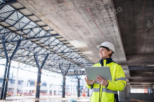 Preview: A woman engineer with tablet standing on construction site, working