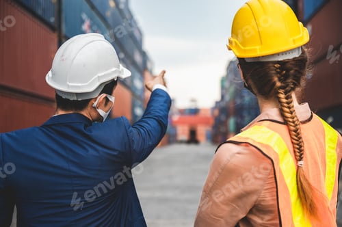Preview: logistic worker teamwork and partner of foreman, engineer, and businessman working on container yard