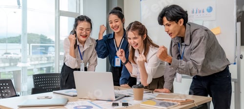 Preview: Group of Young Asian business team creative businesspeople coworker in office Happy to be successful