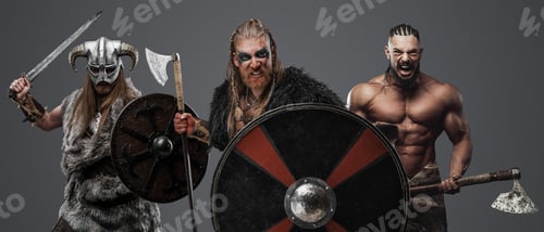 Preview: Antique nordic barbarians with axes against grey background