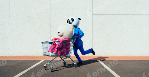 Preview: Storytelling image of a couple wearing giant panda head