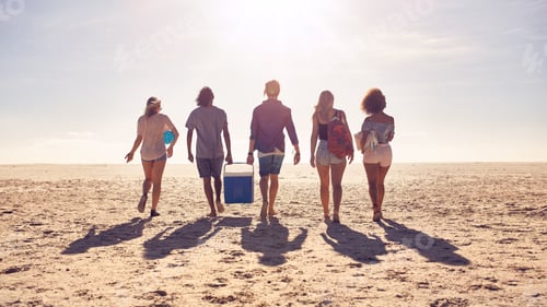 Preview: Friends walking on the beach carrying a cooler box