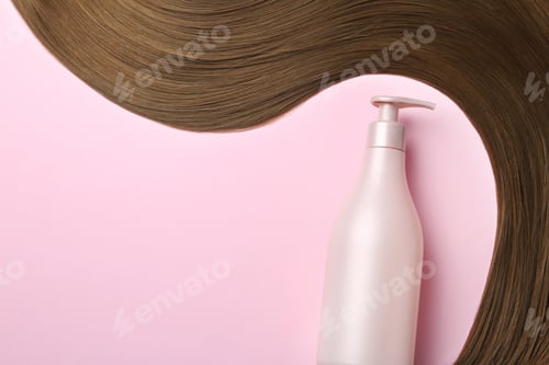 Preview: Shiny Hair Beside a Bottle on Pink Background