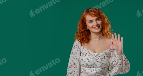 Preview: Copper woman natural curls waves hello, salute, chao, friendly smile on green