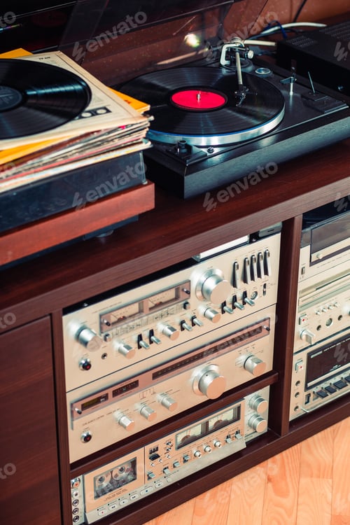 Preview: Set of audio equipment, record players, amplifiers, radio. Vinyl records. Turntable record player