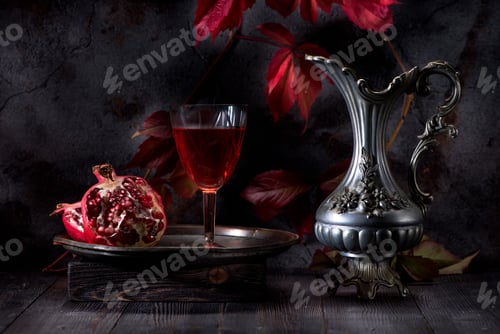 Preview: Still life with red wine and pomegranate