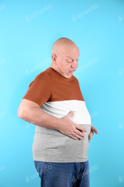 Preview: Fat senior man on color background. Weight loss
