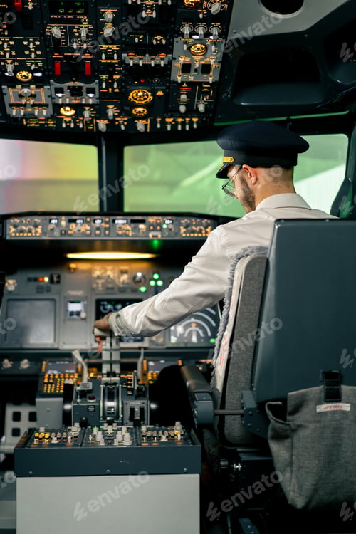 Preview: Airplane pilot controls throttle during flight or takeoff Cockpit view air traffic control