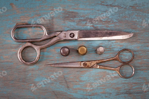 Preview: Vintage Sewing Notions on Distressed Blue Wood