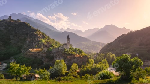Preview: Santa Maria Assunta church on the rocks. Saint Roch, Villeneuve. Aosta valley, Italy