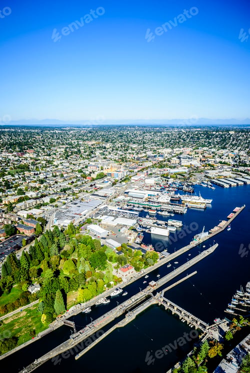 Preview: Aerial view of Ballard Locks in Seattle cityscape, Washington, United States
