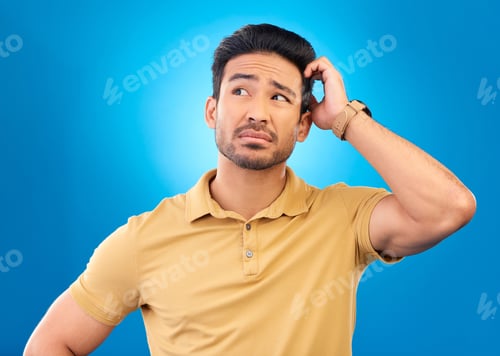 Preview: Thinking, head scratch and man brainstorming solution, problem solving plan or strategy development