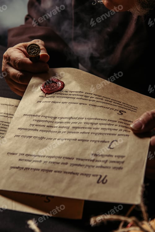 Preview: partial view of monk holding parchment with manuscript and wax seal on dark background