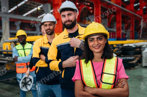 Preview: Portrait of industrial worker inspecting and check up machine at factory machines.