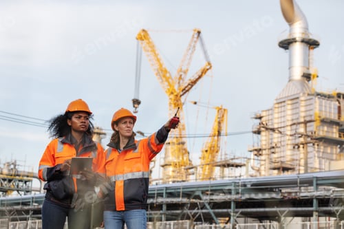 Preview: Two female engineers in orange safety jackets and helmets discuss operations at an industrial plant.