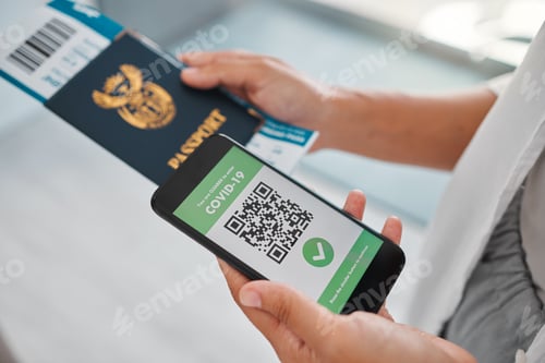 Preview: Covid travel passport, digital qr code certificate on phone for vaccine health and airport security