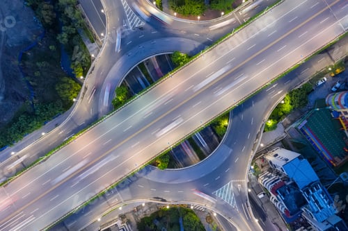 Preview: aerial view of road interchange at night