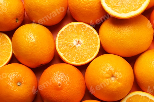Preview: Tasty ripe fresh oranges as background, top view