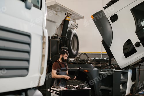Preview: Mechanic using laptop diagnosing truck malfunction in garage