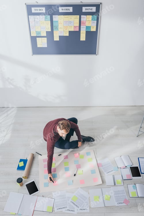 Preview: top view of scrum master holding marker pen near sticky notes while sitting on floor