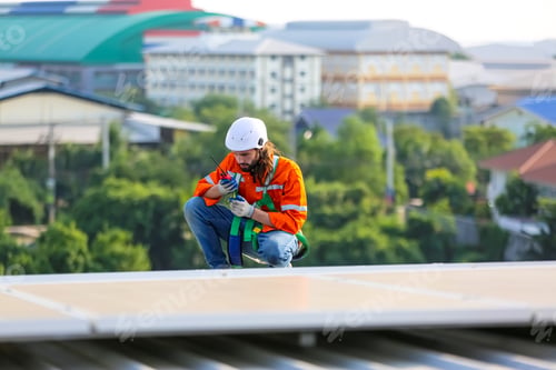 Preview: Workers Installing Solar Panels on warehouse Roof.