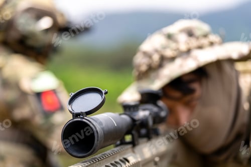 Preview: Sniper aiming through rifle scope in military training,