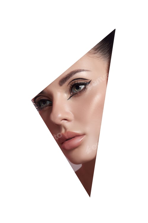 Preview: Beauty makeup women, eye brows eyelashes and lips in a triangular hole paper white background
