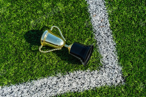 Preview: Golden trophy lying on astroturf soccer field line